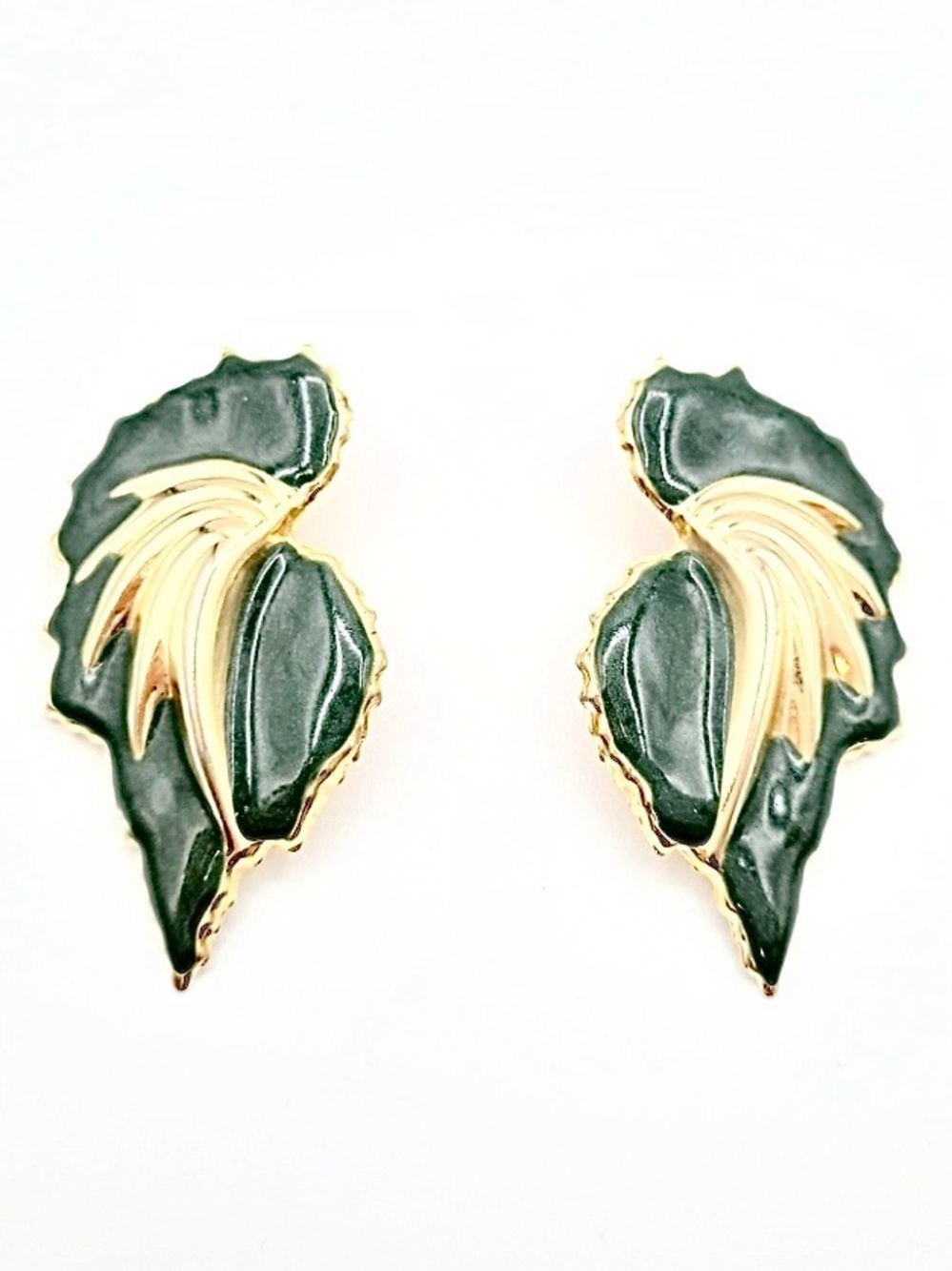 Vintage Green Enamel Gold Tone Leaf Statement Earrings